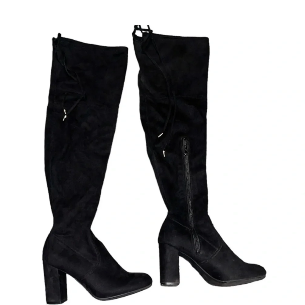 Black Suede Over The Knee Boots Block Heel Side Zip Tie Back Women Size‎ 6.5